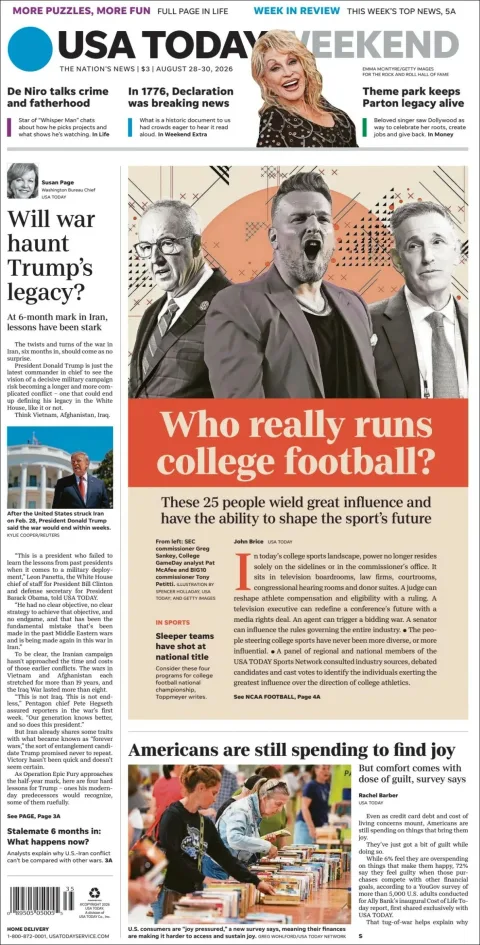 Portada de Usa Today del viernes, 28 de agosto de 2026