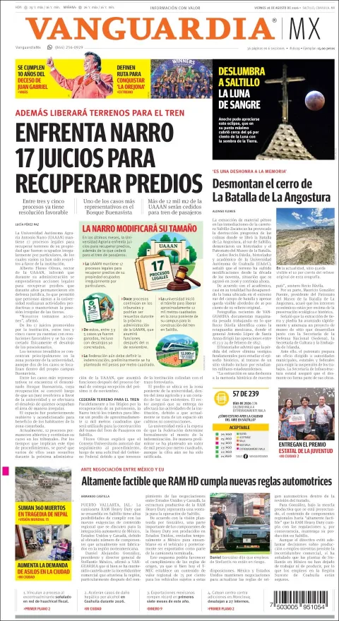 Portada de Vanguardia del viernes, 28 de agosto de 2026