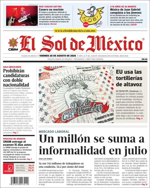 Portada de El Sol de Mexico del viernes, 28 de agosto de 2026