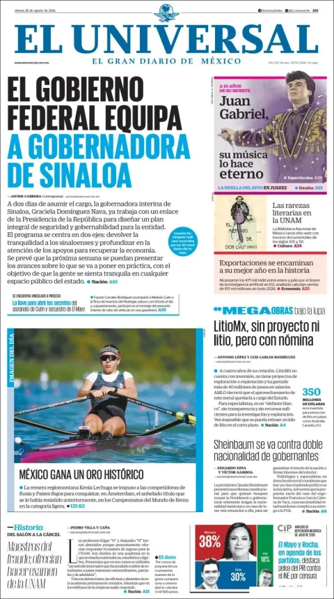 Portada de El Universal del viernes, 28 de agosto de 2026