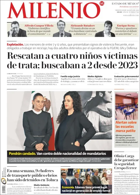 Portada de Milenio Edo de Mexico del viernes, 28 de agosto de 2026