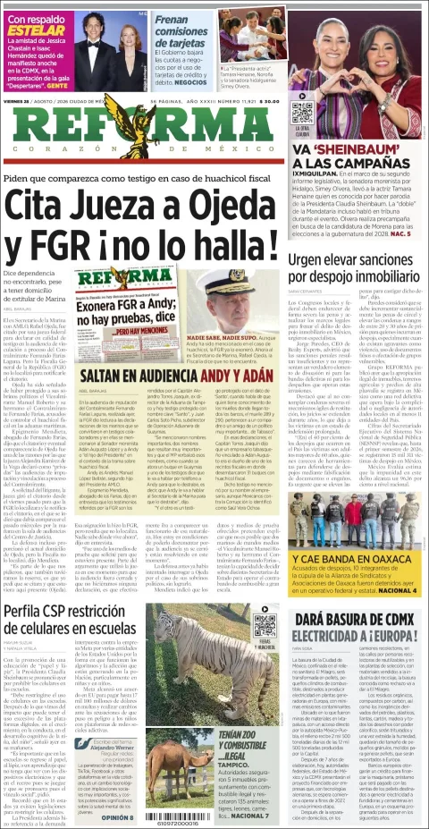 Portada de Reforma del viernes, 28 de agosto de 2026