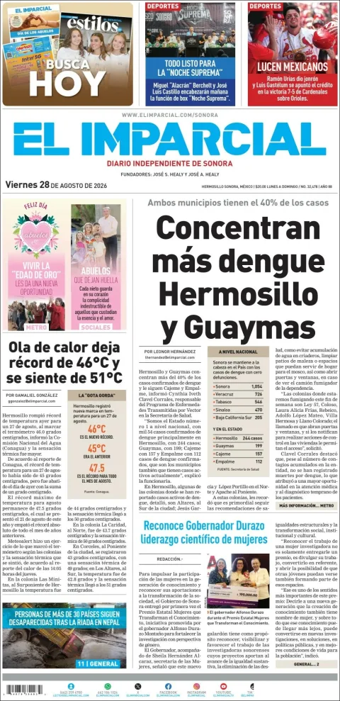 Portada de El Imparcial del viernes, 28 de agosto de 2026