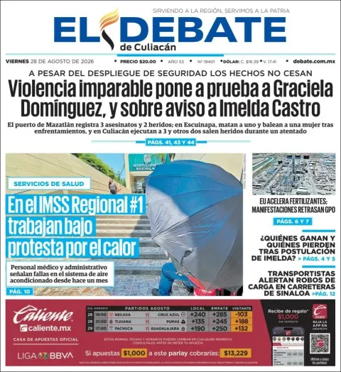 Portada de El Debate de Culiacan del viernes, 28 de agosto de 2026