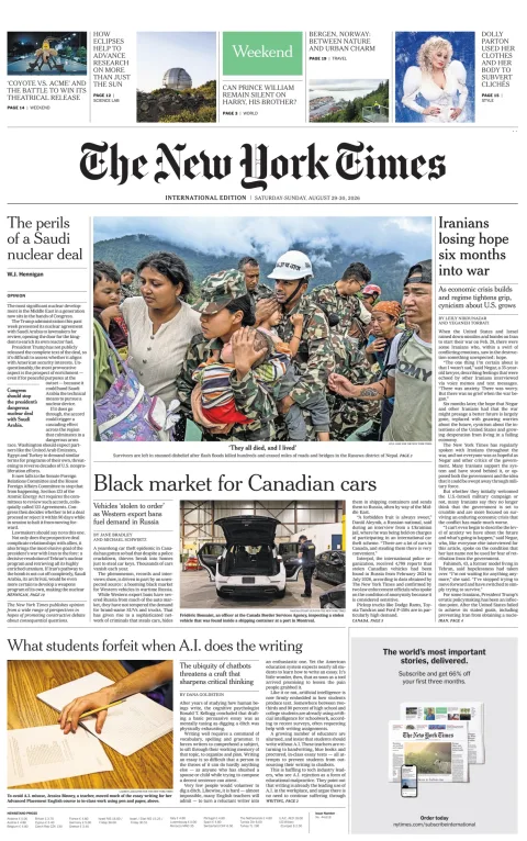 Portada de The New York Times (international) del sábado, 29 de agosto de 2026