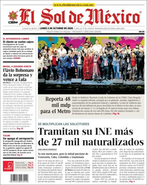 Portada de El Sol de Mexico