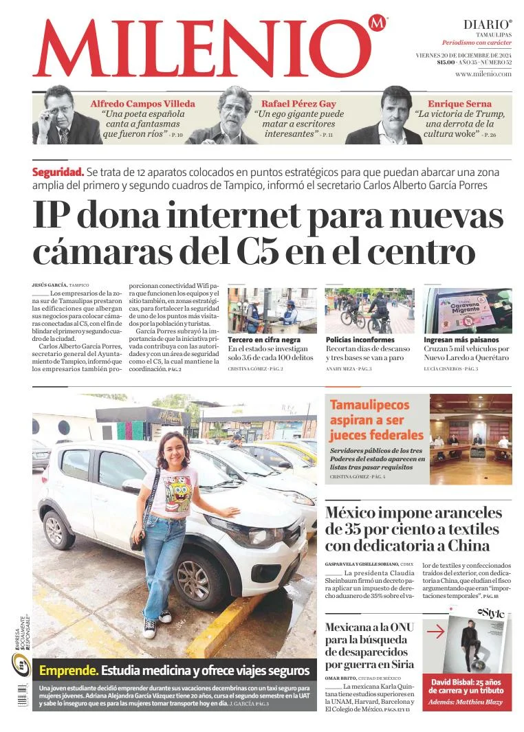 Portada de Milenio Tamaulipas del viernes, 20 de diciembre de 2024