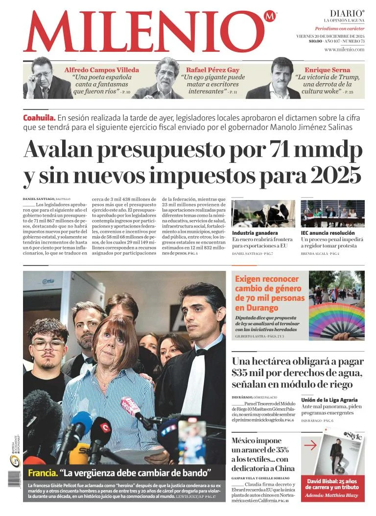 Portada de Milenio Laguna del viernes, 20 de diciembre de 2024