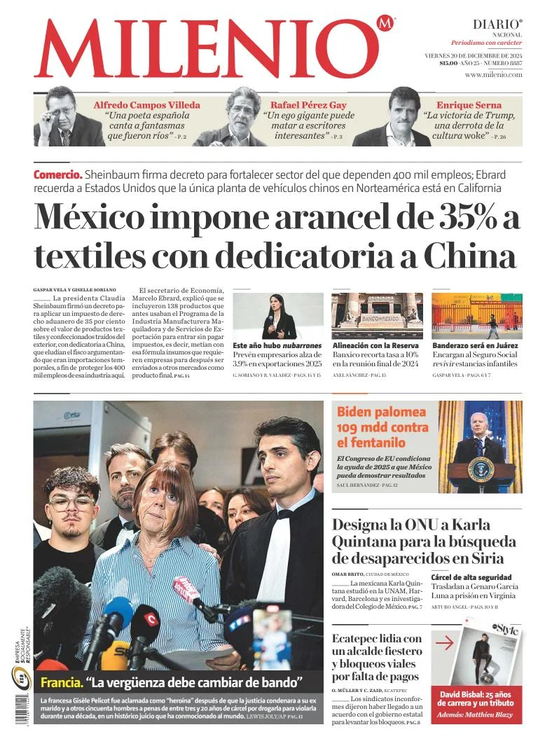 Portada de Milenio del viernes, 20 de diciembre de 2024