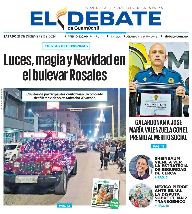 Portada de El Debate de Guamúchil del sábado, 21 de diciembre de 2024