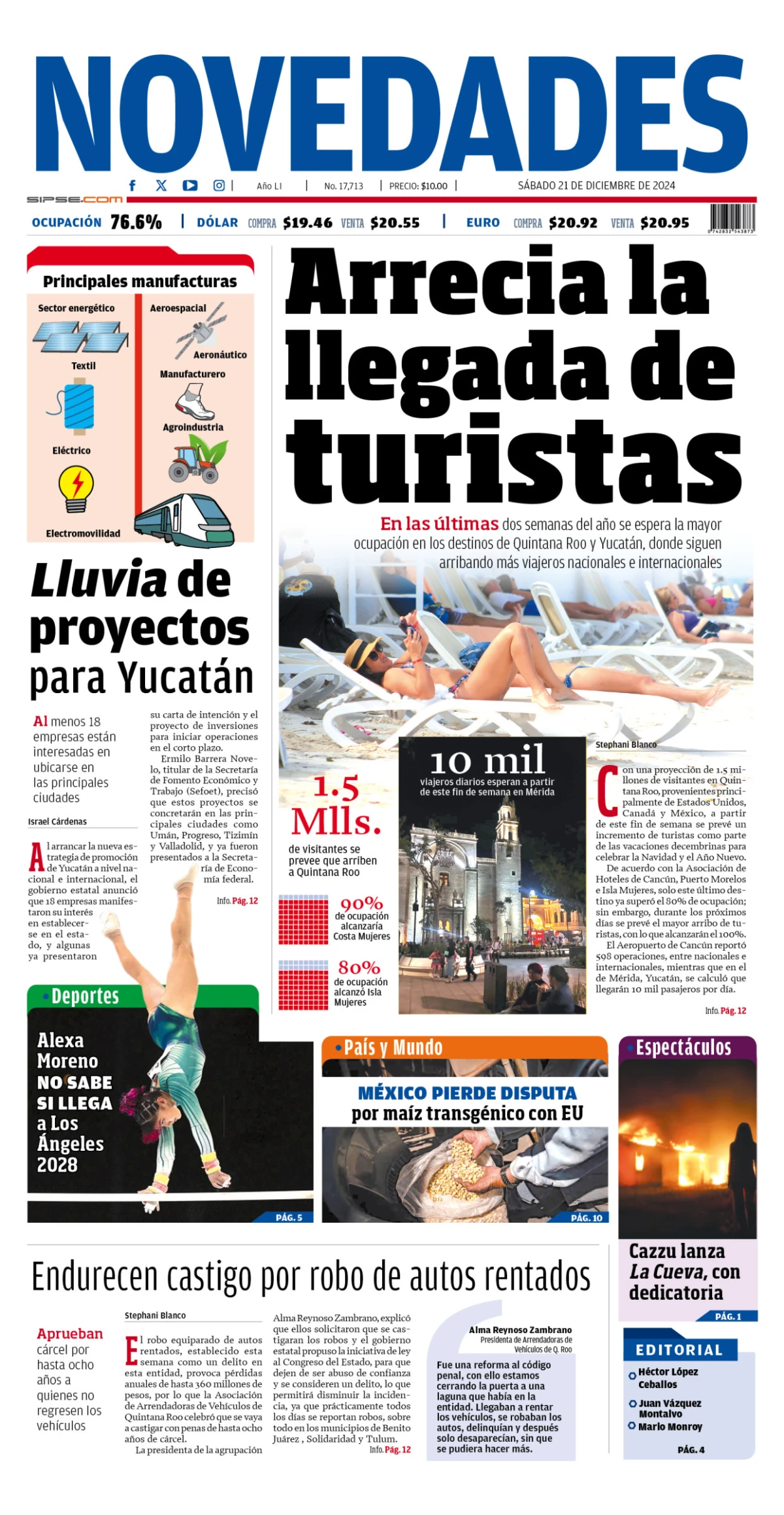 Portada de Novedades Quintana Roo del sábado, 21 de diciembre de 2024