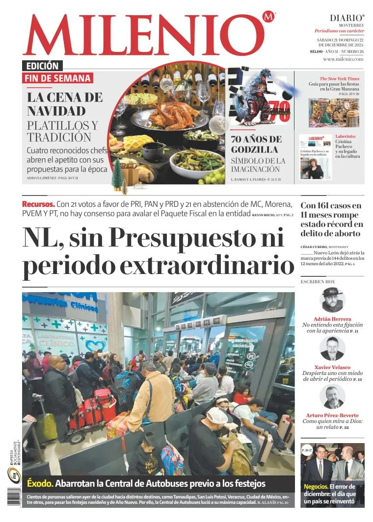 Portada de Milenio Monterrey del sábado, 21 de diciembre de 2024