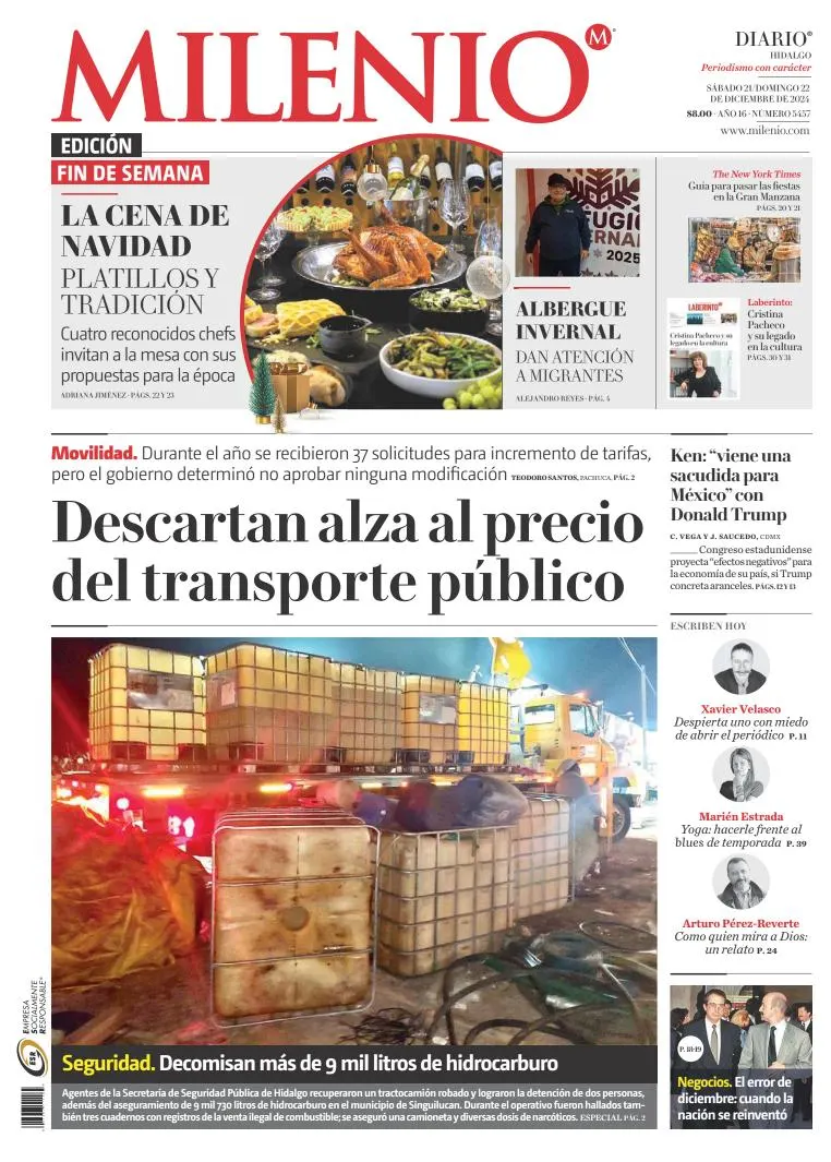 Portada de Milenio Hidalgo del sábado, 21 de diciembre de 2024