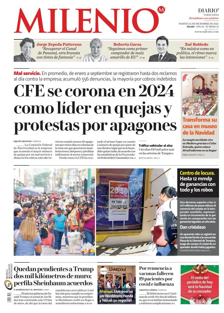 Portada de Milenio Tamaulipas del martes, 24 de diciembre de 2024