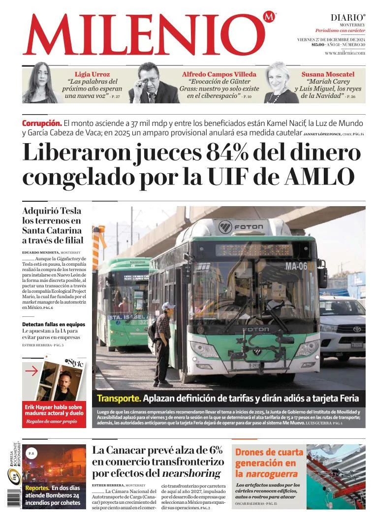Portada de Milenio Monterrey del viernes, 27 de diciembre de 2024