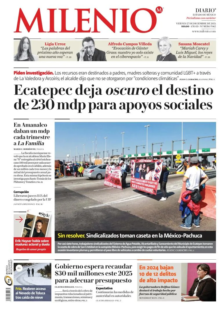 Portada de Milenio Edo de México del viernes, 27 de diciembre de 2024