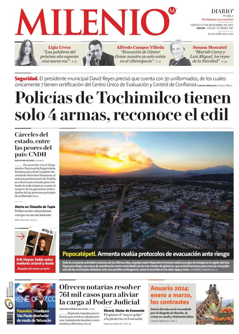 Portada de Milenio Puebla del viernes, 27 de diciembre de 2024