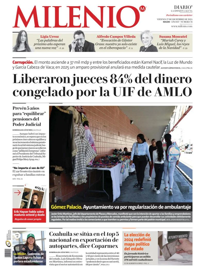 Portada de Milenio Laguna del viernes, 27 de diciembre de 2024