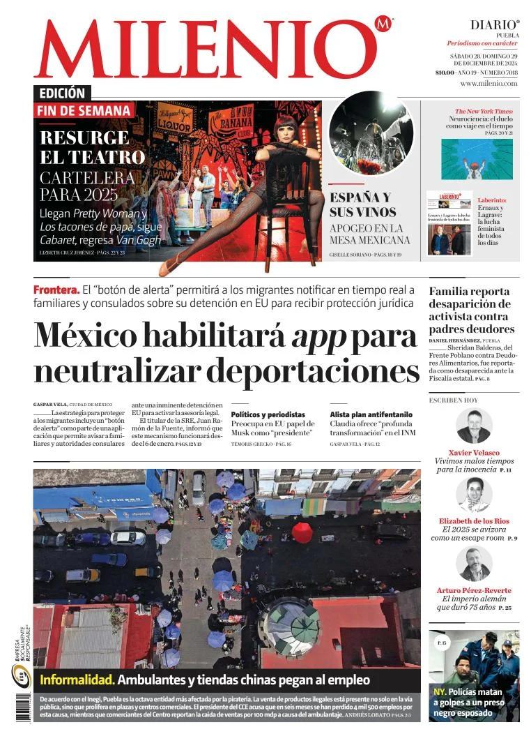Portada de Milenio Puebla del sábado, 28 de diciembre de 2024