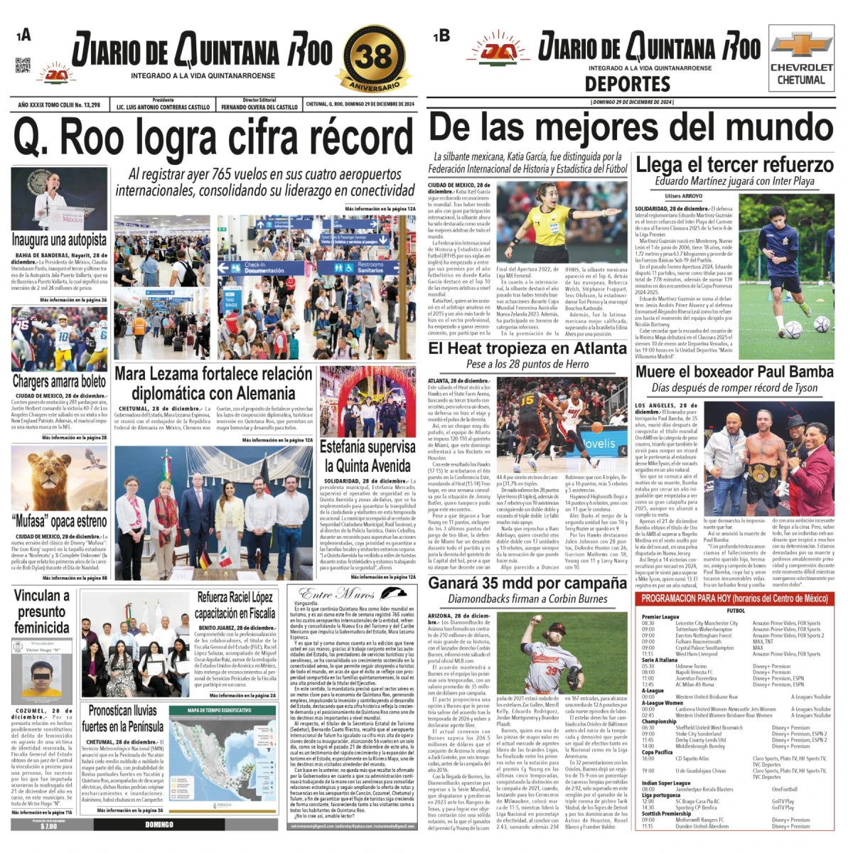 Portada de Diario de Quintana Roo del domingo, 29 de diciembre de 2024