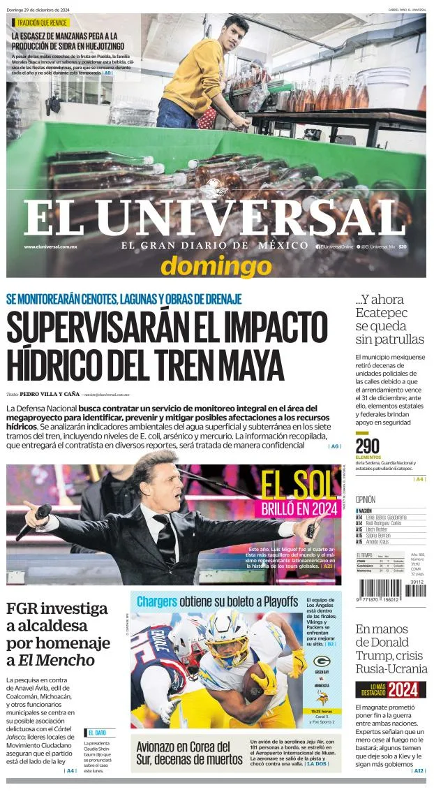 Portada de El Universal del domingo, 29 de diciembre de 2024