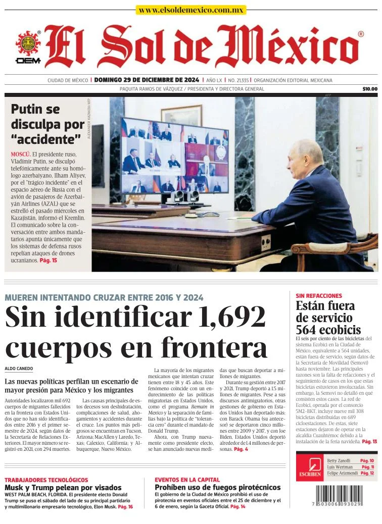 Portada de El Sol de México del domingo, 29 de diciembre de 2024
