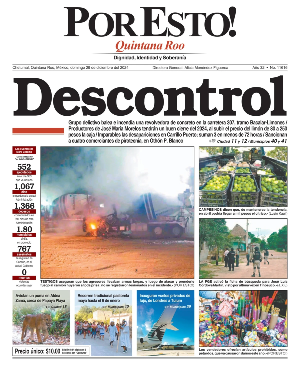 Portada de Por Esto (quintana Roo Chetumal) del domingo, 29 de diciembre de 2024