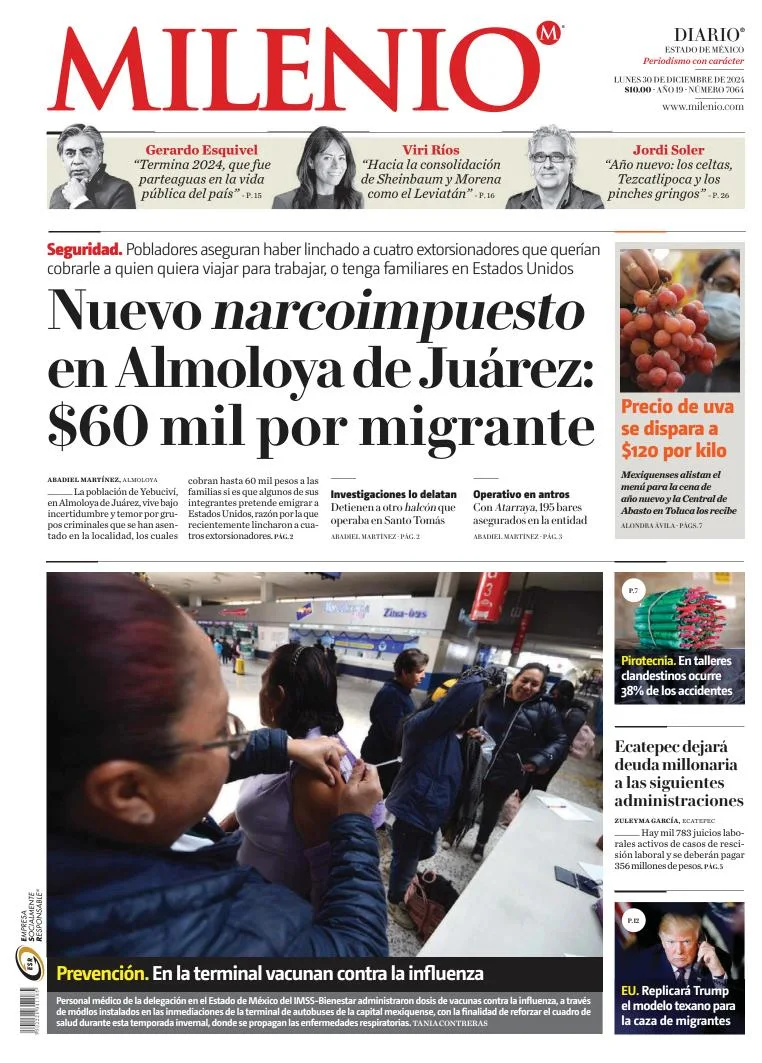 Portada de Milenio Edo de México del lunes, 30 de diciembre de 2024