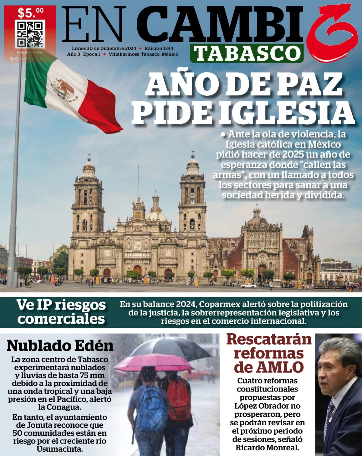 Portada de En Cambio (tabasco) del lunes, 30 de diciembre de 2024