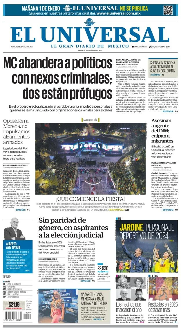 Portada de El Universal del martes, 31 de diciembre de 2024