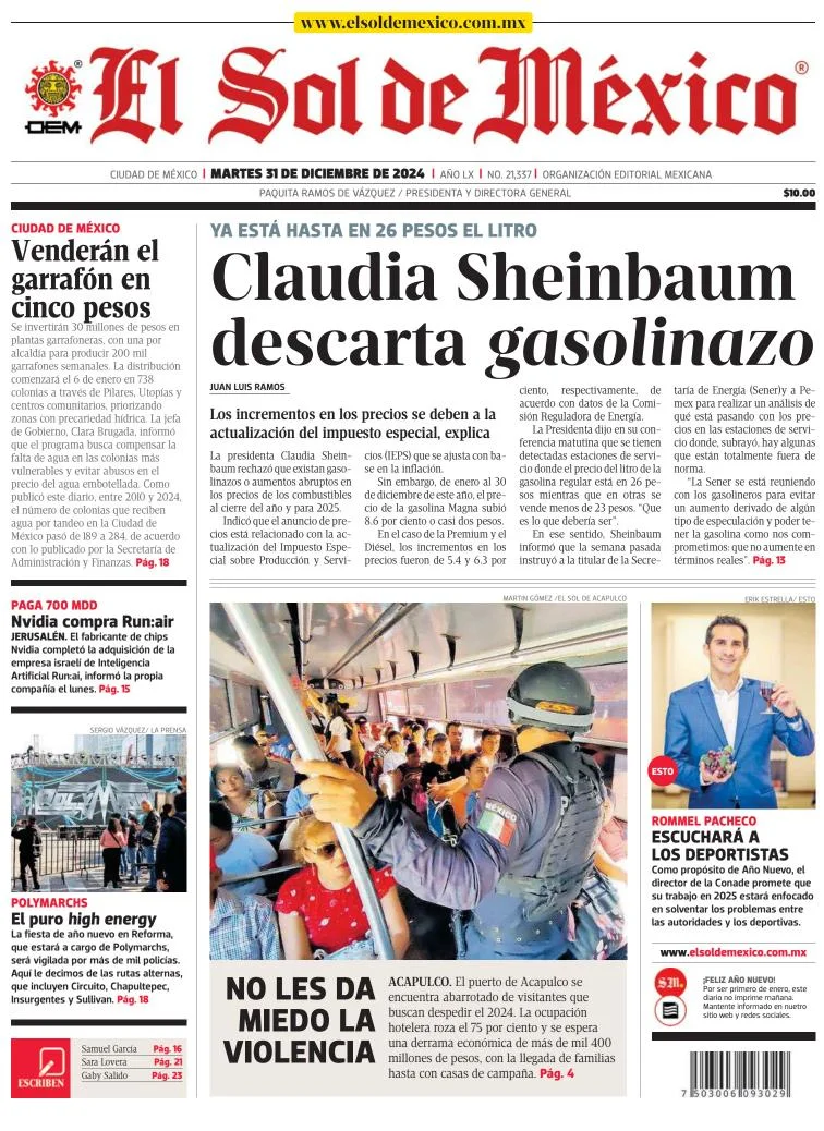 Portada de El Sol de México del martes, 31 de diciembre de 2024