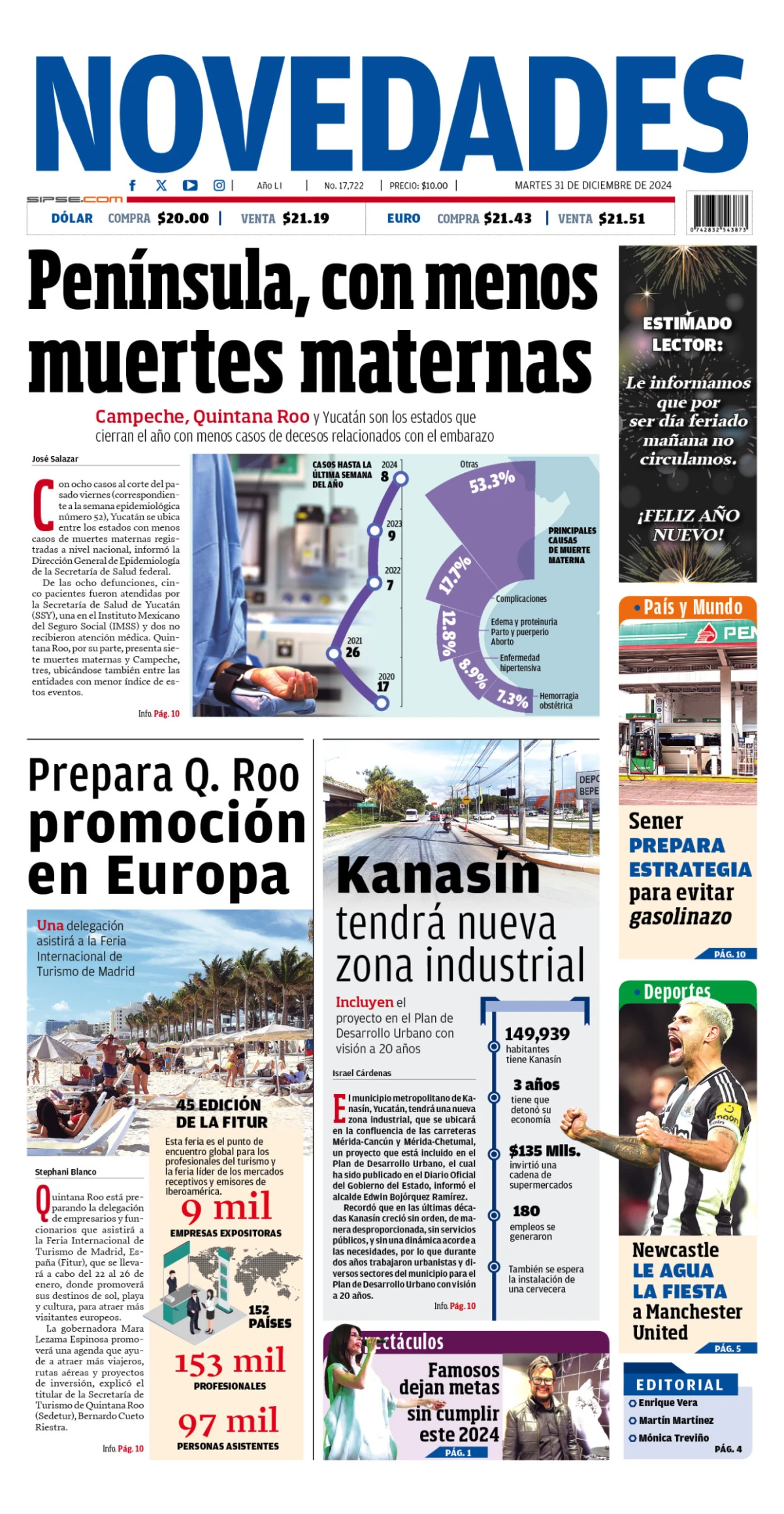 Portada de Novedades Yucatan del martes, 31 de diciembre de 2024