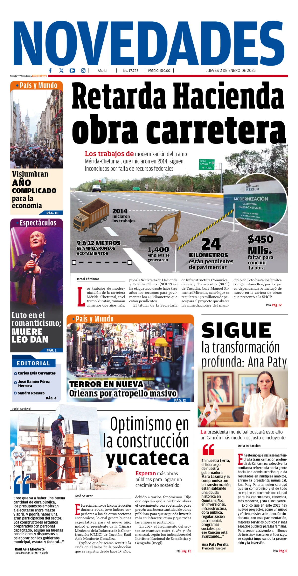 Portada de Novedades Quintana Roo del jueves, 2 de enero de 2025