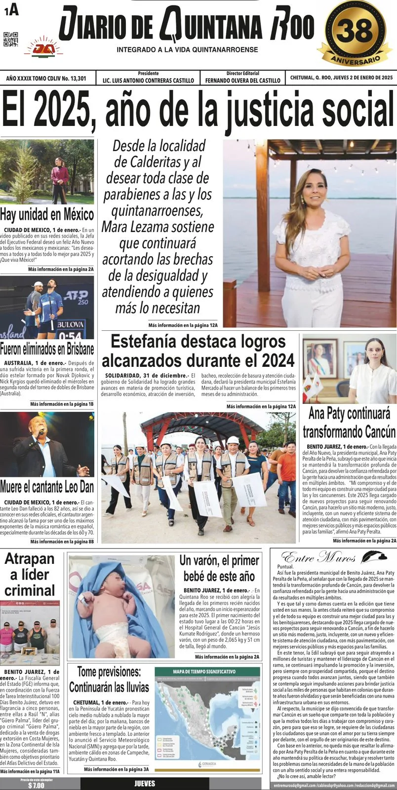 Portada de Diario de Quintana Roo del jueves, 2 de enero de 2025