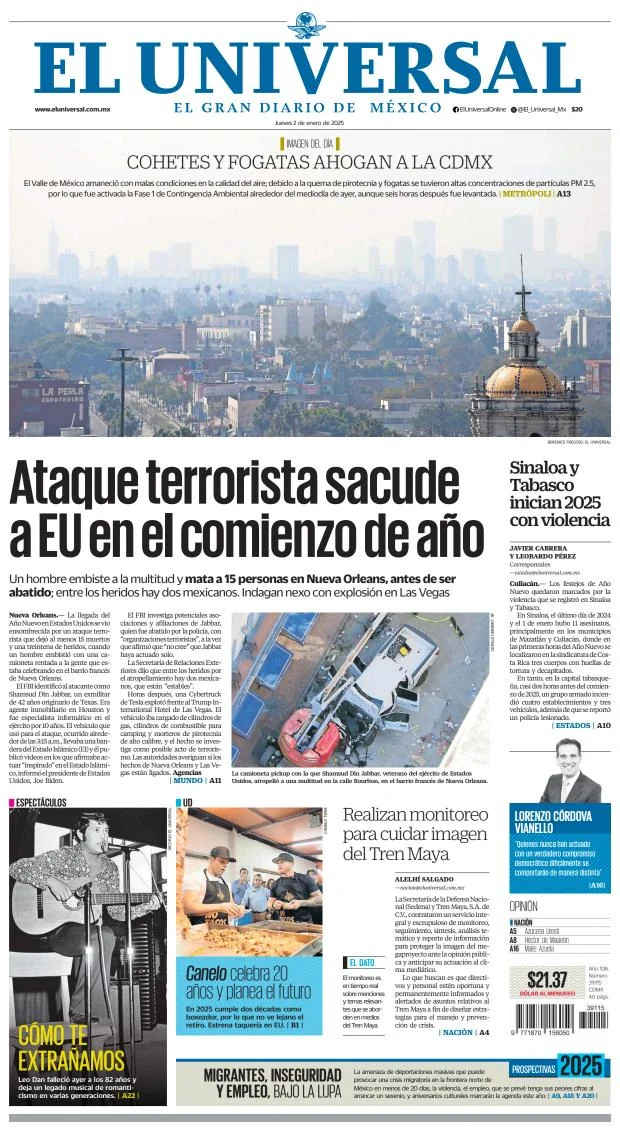 Portada de El Universal del jueves, 2 de enero de 2025