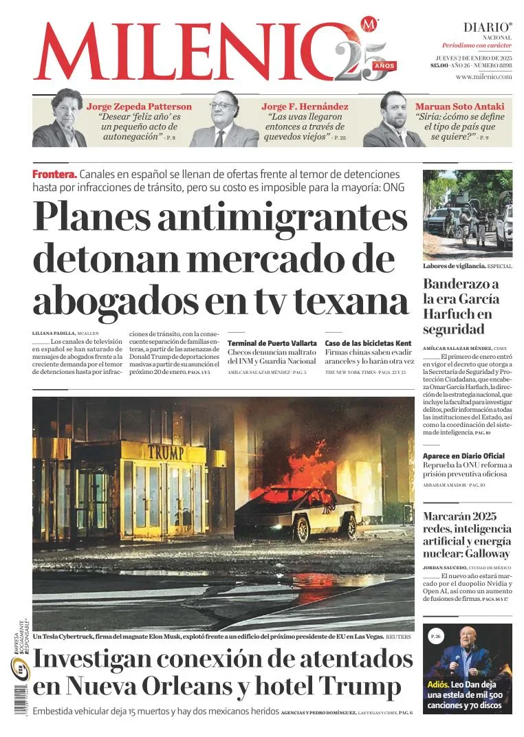 Portada de Milenio del jueves, 2 de enero de 2025