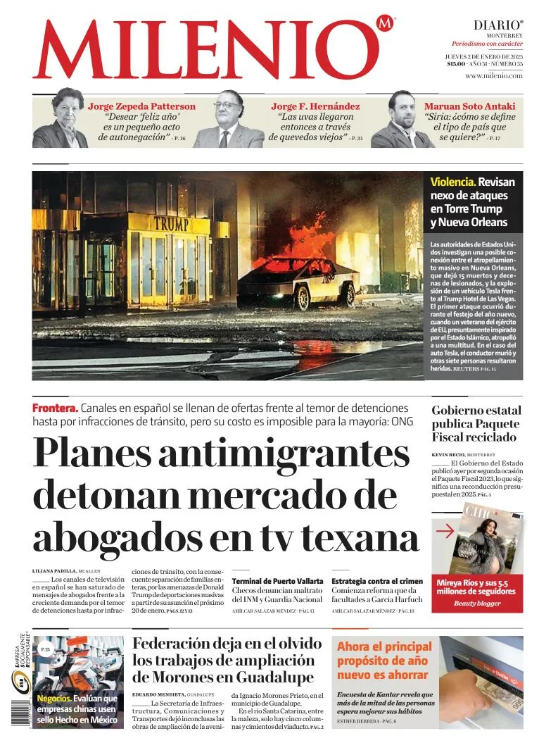 Portada de Milenio Monterrey del jueves, 2 de enero de 2025