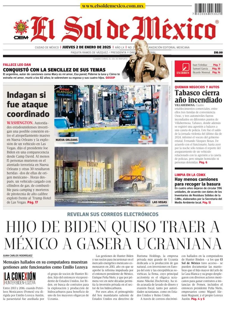 Portada de El Sol de México del jueves, 2 de enero de 2025