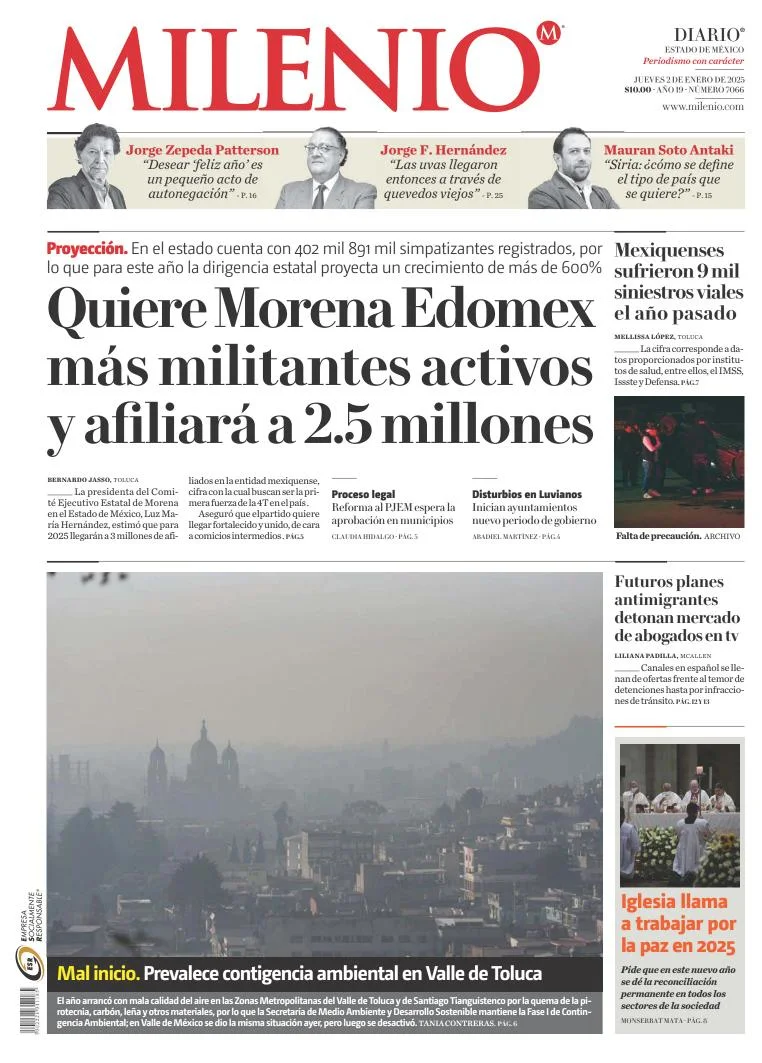 Portada de Milenio Edo de México del jueves, 2 de enero de 2025