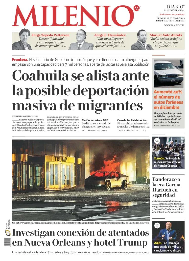 Portada de Milenio Laguna del jueves, 2 de enero de 2025