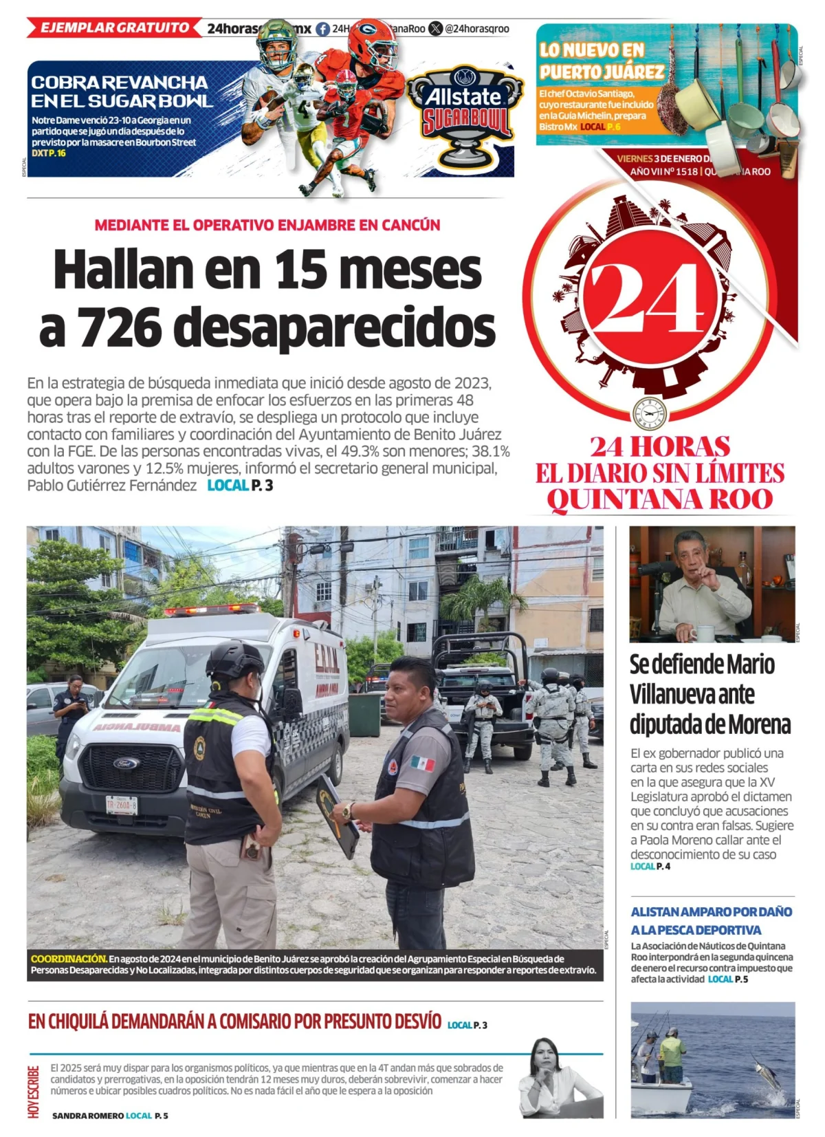Portada de 24 Horas Quintana Roo del miércoles, 3 de enero de 2024