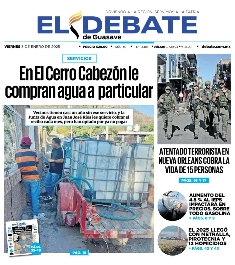 Portada de El Debate de Guasave del viernes, 3 de enero de 2025