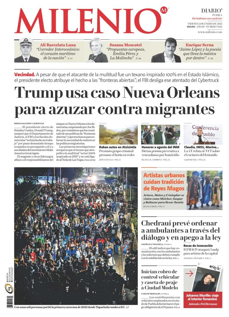Portada de Milenio Puebla del viernes, 3 de enero de 2025