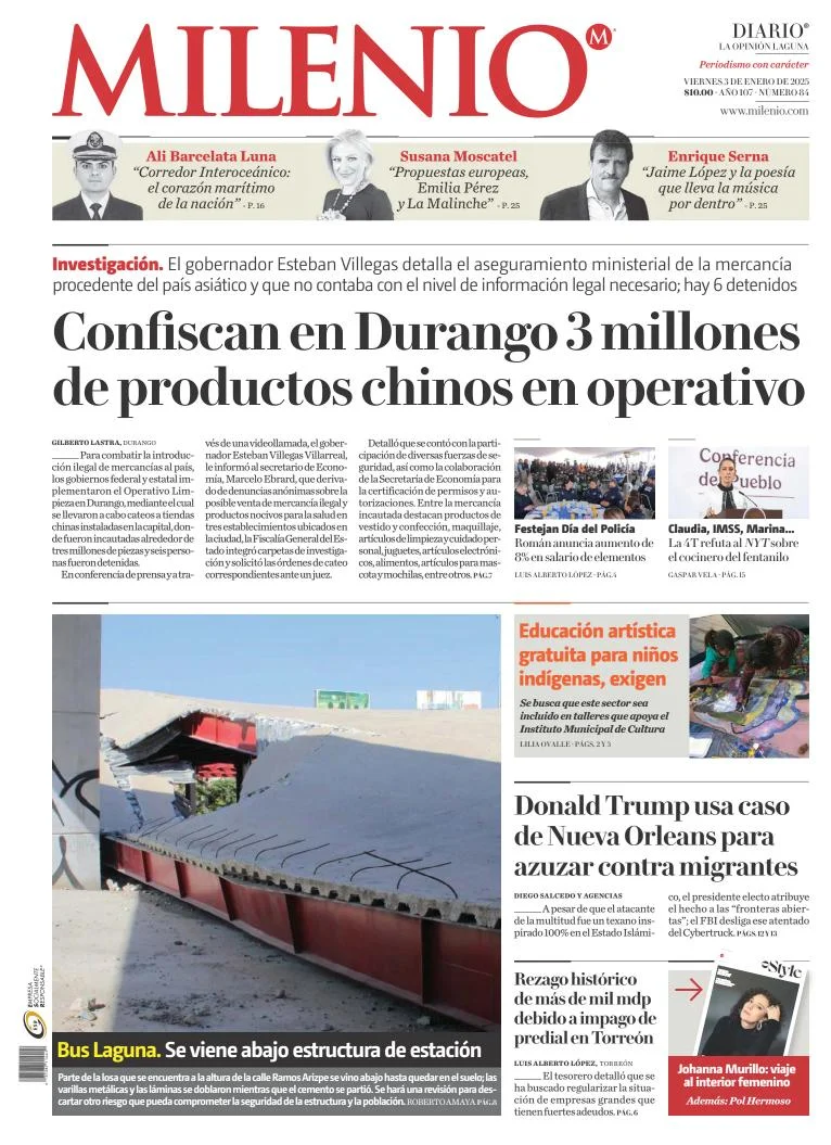 Portada de Milenio Laguna del viernes, 3 de enero de 2025