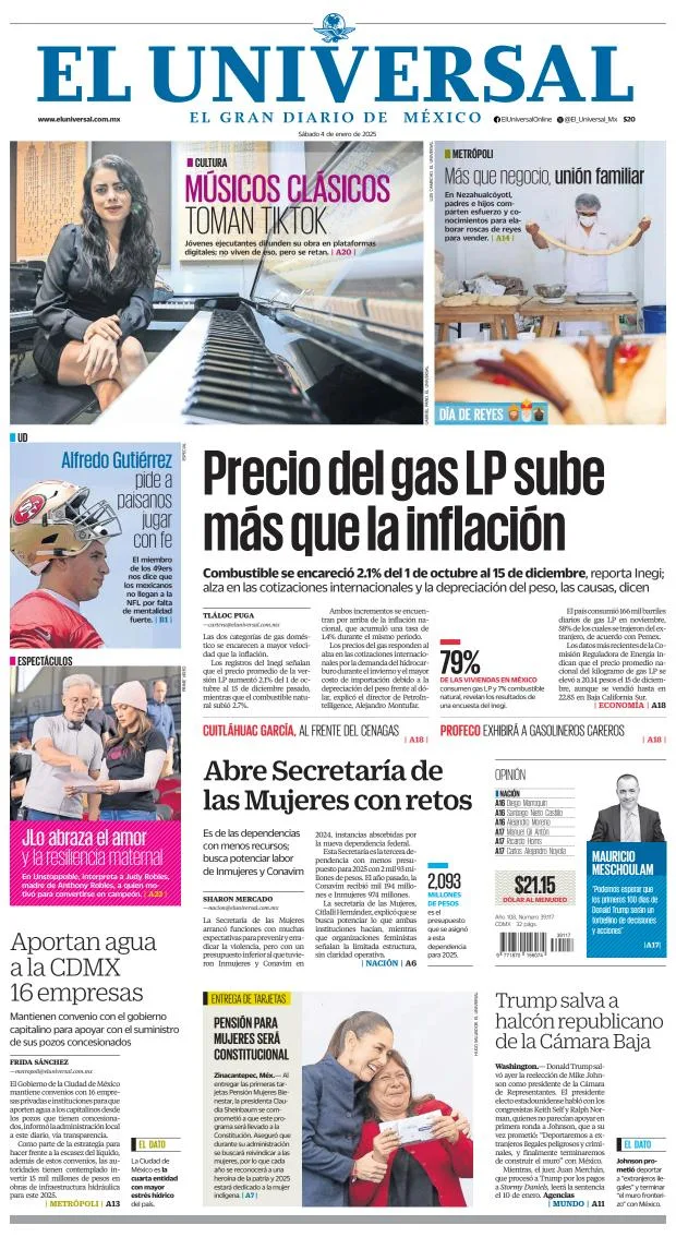 Portada de El Universal del sábado, 4 de enero de 2025