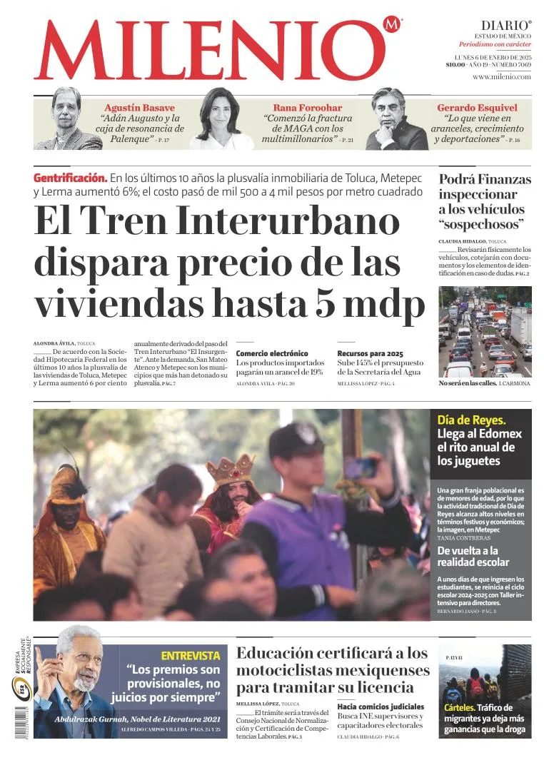 Portada de Milenio Edo de México del lunes, 6 de enero de 2025