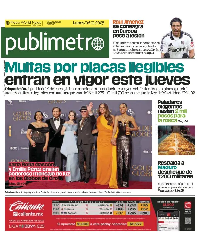 Portada de Publimetro Guadalajara del lunes, 6 de enero de 2025