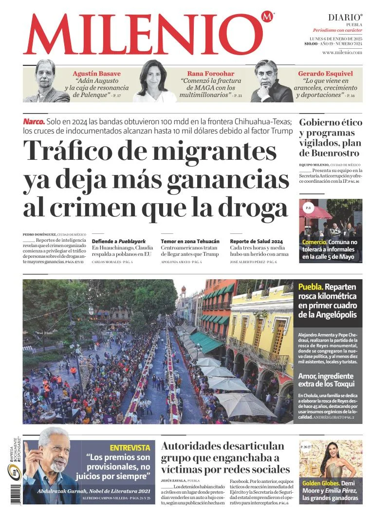 Portada de Milenio Puebla del lunes, 6 de enero de 2025