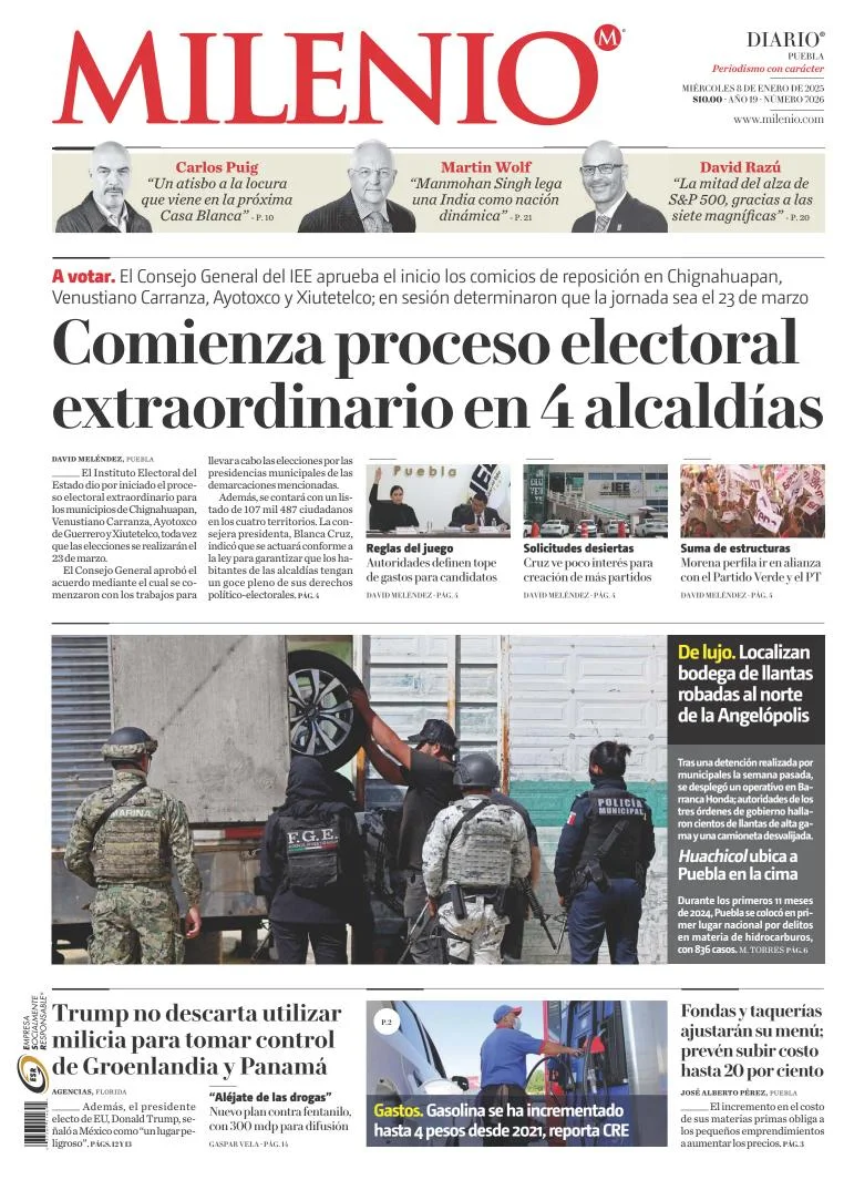 Portada de Milenio Puebla del miércoles, 8 de enero de 2025