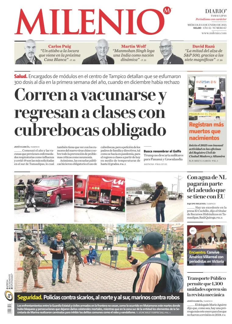 Portada de Milenio Tamaulipas del miércoles, 8 de enero de 2025